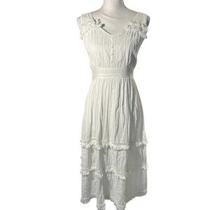 Ellison by Staud White Cotton Lined Tiered Fringed Trim Dress